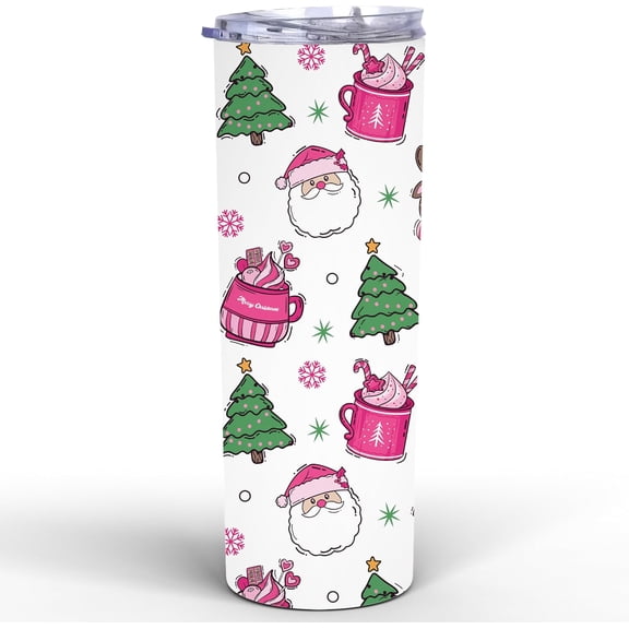 Pink Santa And Pine Tree Christmas Cups For Men Women, Holiday Cup Skinny Tumbler 20Oz - Gift for Friend, Christmas Aesthetic Tumbler - Gifts for Kid, Mom, Dad, Sister, Son On Christmas, Birthday