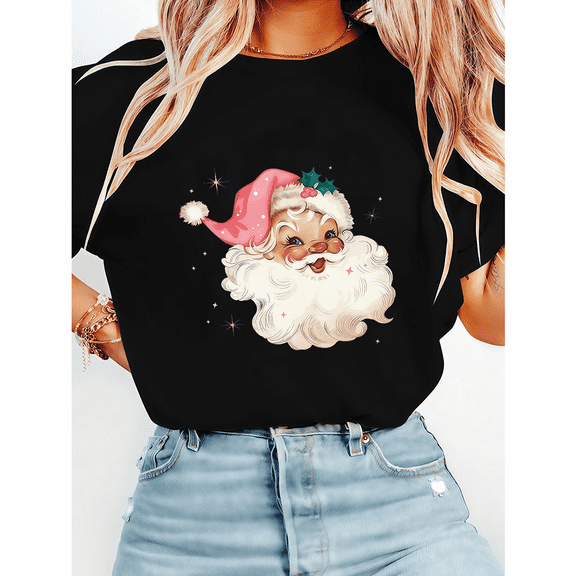 Pink Santa Retro Christmas Tshirts Cute Santa Glasses Graphic Tees Family Matching Christmas Shirts Short Sleeve Tops for Party Black,S