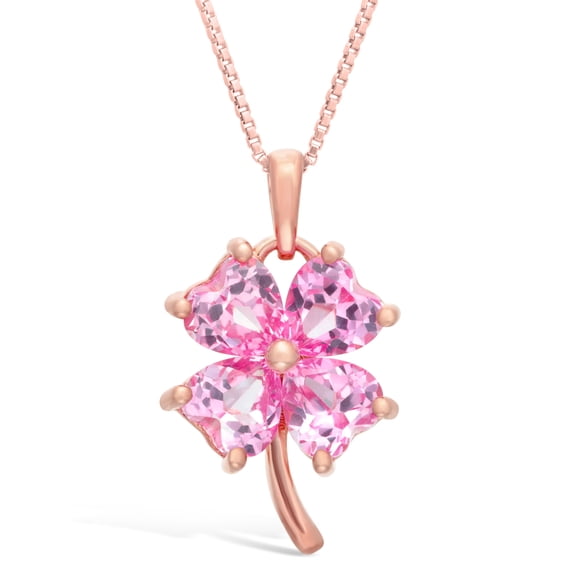 Pink Sapphire 4 Leaf Clover Pendant in Pink Plated Silver - 18 Inches Long Chain