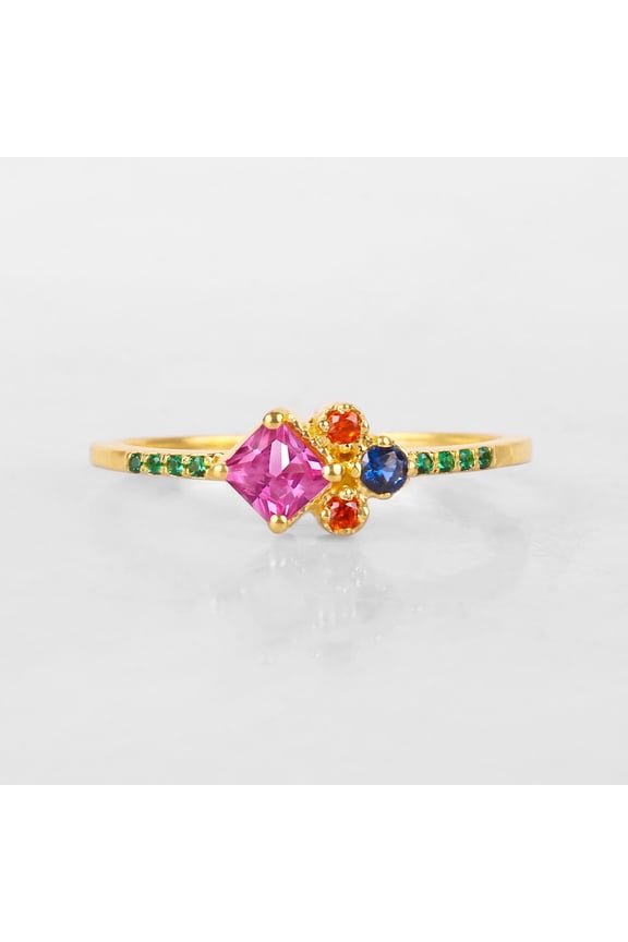 Pink Sapphire Cluster Art Deco 925 Starling Silver Ring, Multi Gemstone Princess Cut Ring, Stackable Fine Promise Proposal Gift Ring, Color Full Stone Handmade Band Ring.