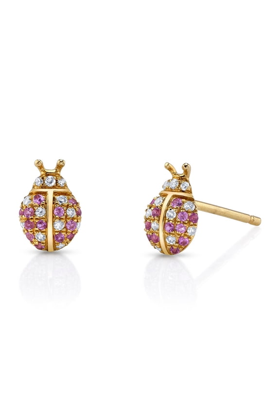 Pink Sapphire & Diamond Ladybug Stud Earrings, Anniversary Gift For Wife, Dainty Stud Earrings, Minimalist Earrings, Handmade Jewelry
