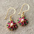 thumbnail image 1 of Pink Sapphire, Emerald Flower Design Semi-Precious Multi-Gemstone Earrings 14k Gold Plated wedding gift boxed, 1 of 5