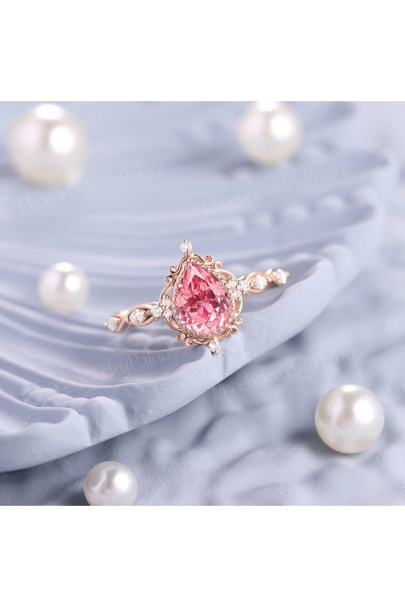 Pink Sapphire Engagement Ring Delicate Pear Wedding Rings for Women Gold Halo Filigree Handmade Gift for Her