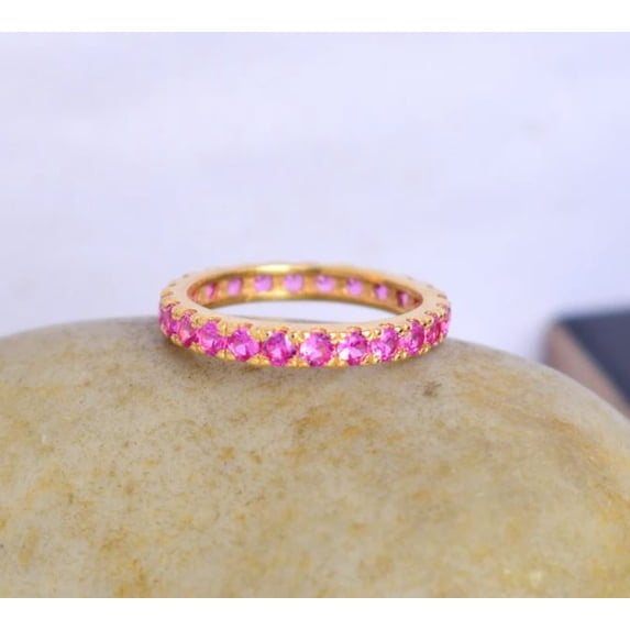 Pink Sapphire Eternity Wedding Band Dainty Ring 925 Sterling Silver Yellow Gold Plated Gemstone Jewelry For Women Gift
