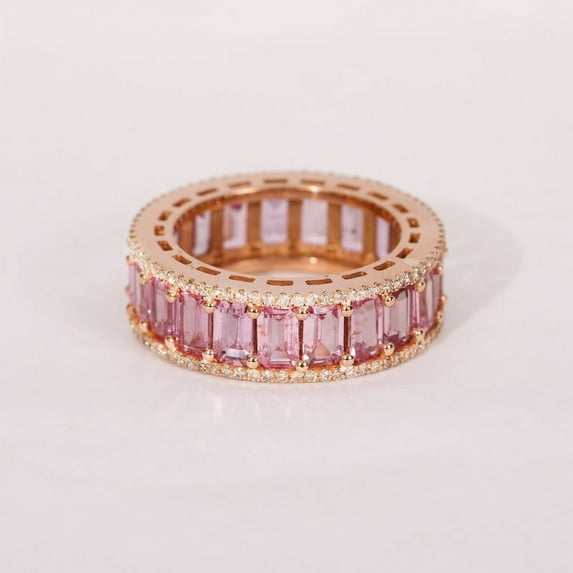 Pink Sapphire Full Eternity Band, Octagon Sapphire & Diamond Triple Layer Eternity Ring, 925 Sterling Silver Thick Band, Wedding Band