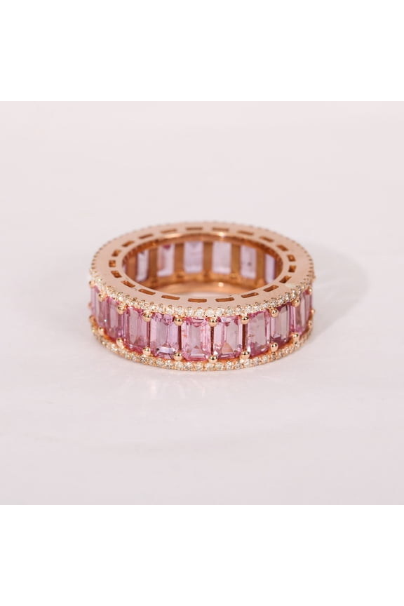 Pink Sapphire Full Eternity Band, Octagon Sapphire & Diamond Triple Layer Eternity Ring, 925 Sterling Silver Thick Band, Wedding Band