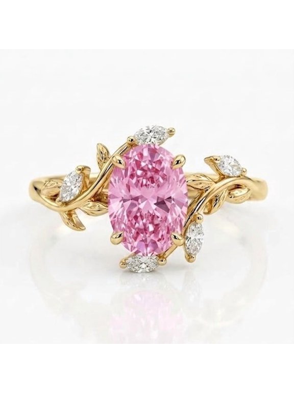 Pink Sapphire & Marquise Cut Diamond Twig Leaf Band Ring, Oval Cut Pink Sapphire Ring, September Birthstone Ring, Dainty Engagement Ring, Minimalist Ring, Handmade Jewelry