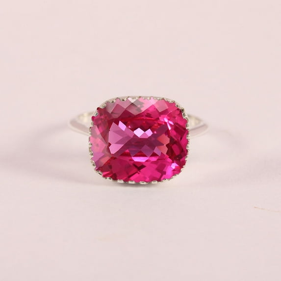 Pink Sapphire Ring, 925 Sterling Silver Ring, Solitaire Cushion Gemstone Milgrain Ring, Multi Prong Set Ring, Handmade jewelry, Vintage Ring.