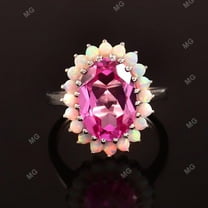 Pink Sapphire Ring Oval Cut Sapphire Opal Engagement Ring, Gift For Wife, Beautiful Ring For Her Halo Floral Flower Bridal Ring Silver Gift.