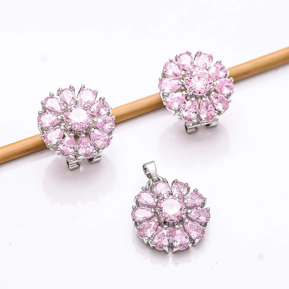 Pink Sapphire Simulated 925 Sterling Silver Platinum Plated Flower Pendant Earring Set P5, Sapphire Pendant Earring Set, Gift For Her, Pear Pendant Ea