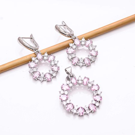 Pink Sapphire - Simulated, CZ 925 Sterling Silver Platinum Plated Pendant Earring Set PS5, Sapphire Pendant Earring Set, Gift For Her, Oval Pendant Ea