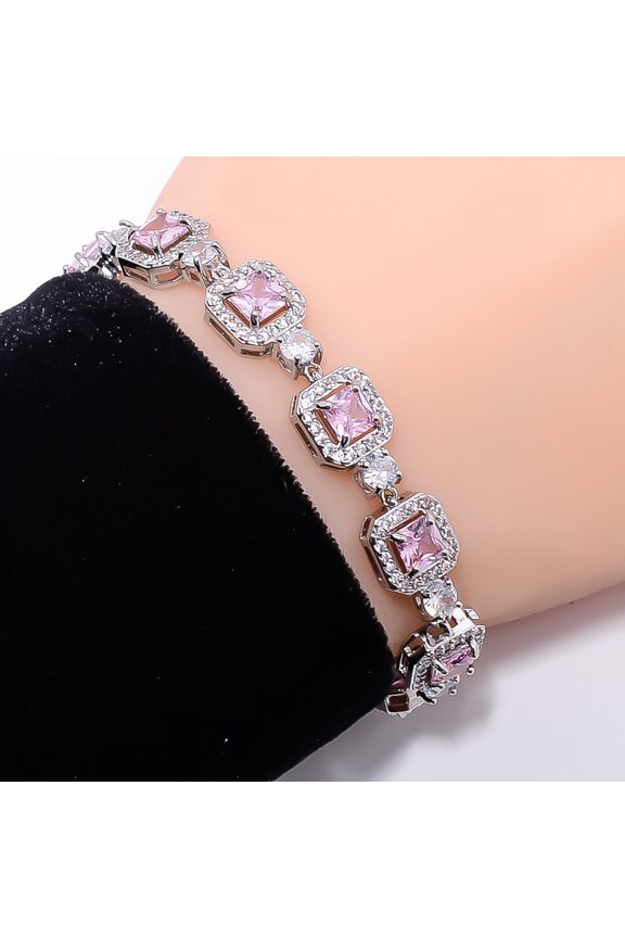 Pink Sapphire -Simulated, CZ 925 Sterling Silver Adjustable Bracelet 7-8" B2931
