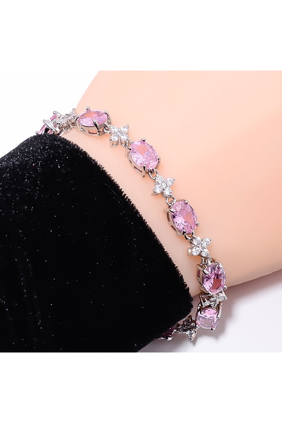 Pink Sapphire -Simulated, CZ 925 Sterling Silver Adjustable Bracelet 7-8" B3929