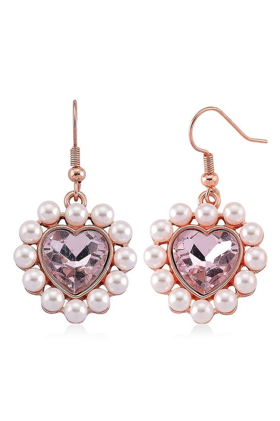 Pink Sapphire, White Shell Pearl Heart Earrings in Rosetone and ION Plated Rose Gold Stainless Steel