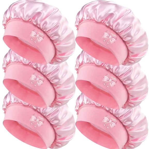 Pink Satin Hair Bonnets for  Women Sleeping  Night Sleep Caps Single Layer Wholesale 6Pack