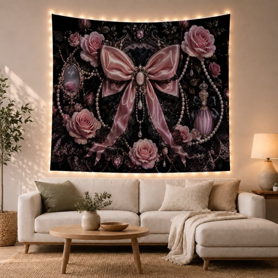 Pink Satin Bow Cameo on Dark Lace Background, Moody Gothic for Goth Decor Fans, Elegant Art Decor, Birthday Gift, Tapestry Wall Hanging for Bedroom and Dorm