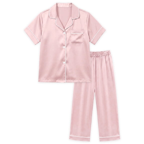NIPAXO Girls Pajamas Set Short Sleeve Button-Down Silk Satin Sleepwear with White Piping for Toddler and Kids