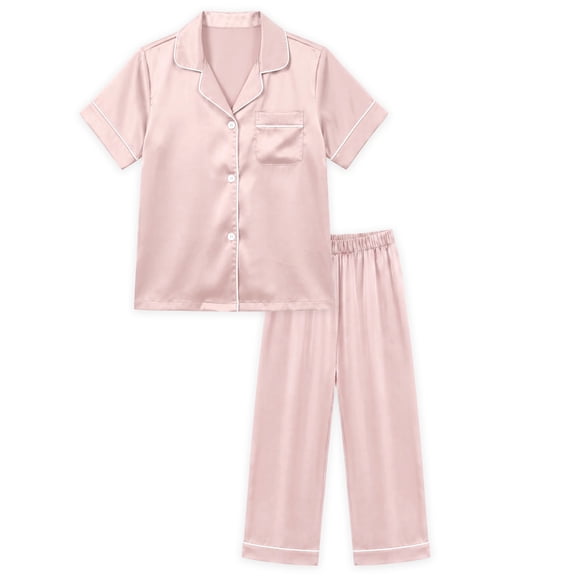 NIPAXO Girls Pajamas Set Short Sleeve Button-Down Silk Satin Sleepwear with White Piping for Toddler and Kids