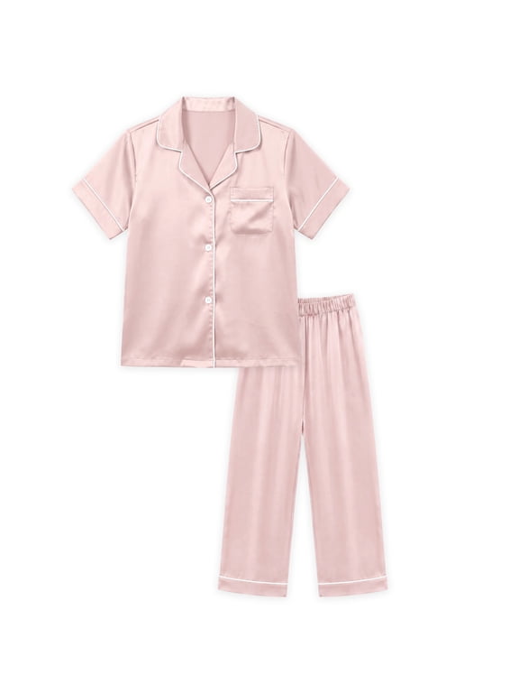 Girls Pajamas Set Short Sleeve Button-Down Silk Satin Sleepwear with White Piping for Toddler and Kids