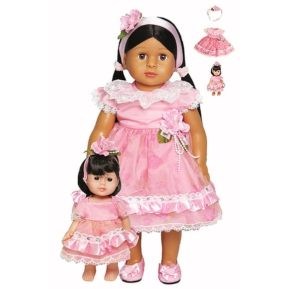 Pink Satin Dress with Headband & Matching Babydoll for 18-Inch Dolls | Dolls Clothes