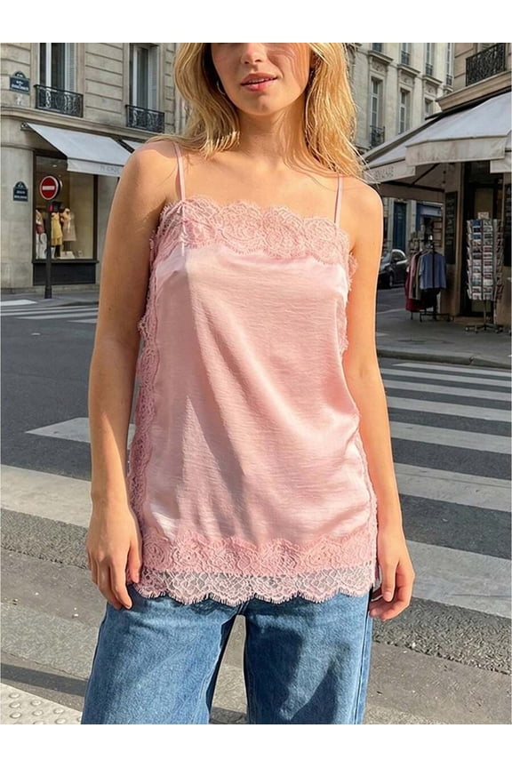 Pink Satin Lace Trim Camisole Top Spaghetti Strap Square Neck Slip Blouse
