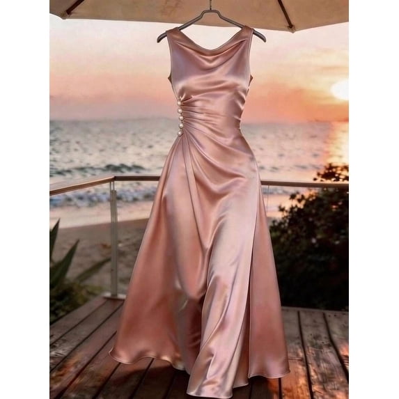 Pink Satin Maxi Dress With Cowl Neck, Sleeveless, Draped Waist And Pearl Buttons