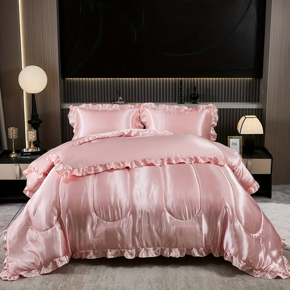Silky Satin Queen Comforter Set 4pcs Pink Luxury Bedding Hotel Soft Polyester Quilt Lightweight All Season Microfiber Filling with Ruffle Pillow Covers