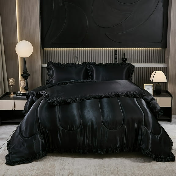 Pink Satin Queen Comforter Set 4pcs - Silky Hotel Luxury Bedding with Ruffle Quilt & Pillow Covers, Soft Lightweight Microfiber All Season Polyester Bed Set