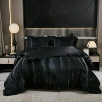 Pink Satin Queen Comforter Set 4pcs - Silky Hotel Luxury Bedding with Ruffle Quilt & Pillow Covers, Soft Lightweight Microfiber All Season Polyester Bed Set