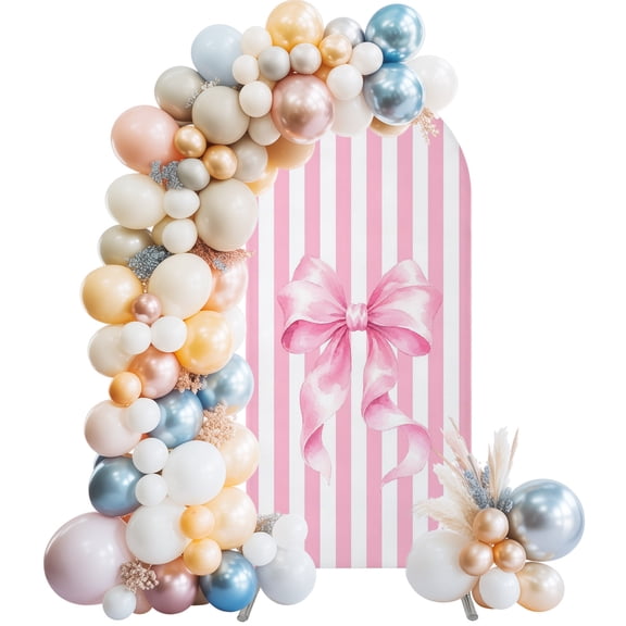 Pink Satin Ribbon Arch Backdrop Cover 4 FT Cute Pastel Pink Tied Bow Striped Coastal Stretchy Elastic Arch Stand Covers Spandex Arched Background Birthday Wedding Party Decoration (No Stand)