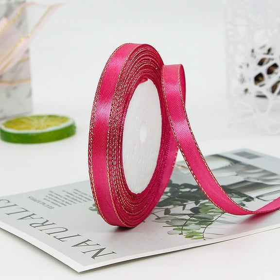 Pink Satin Ribbon with Gold Edge, 3/8” Polyester Continuous Ribbon -25 Yards,Wide Ribbon for Gift Wrapping,Wedding,Bows Bouquet,Floral Arrangement and Craft