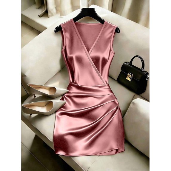 Pink Satin V-Neck Sleeveless Wrap Mini Dress With Ruched Waist For Day Or Evening