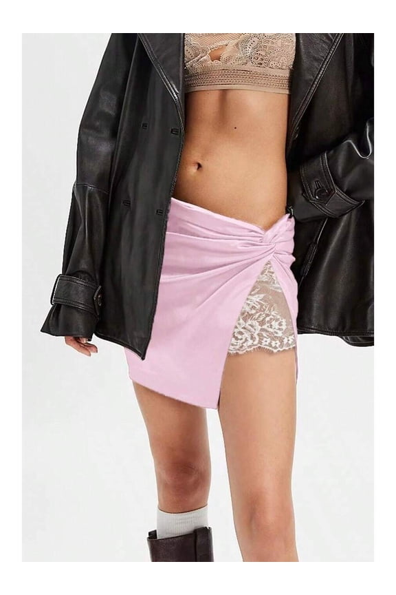 Pink Satin Wrap Mini Skirt With Lace Side Panel High Waist Asymmetrical