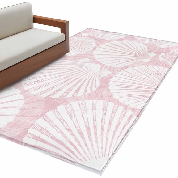 Pink Scallop Coastal Area Rug Washable 3x5 Entryway Rug Non-Slip Indoor Low Pile Summer Beach Nautical Floor Carpet Small Rugs for Bedroom Office Living Room Kitchen Entrance Nursery