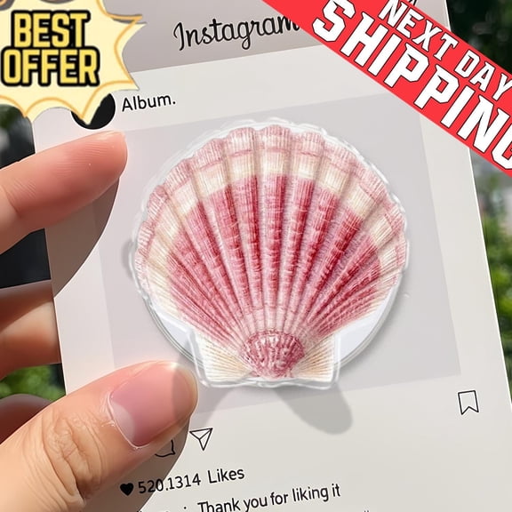 Pink Scallop Shell Phone Grip, 2D flat Ocean Coastal Stand, Summer Beach Accessory
