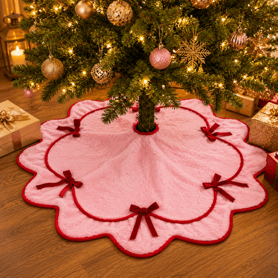 Pink Scalloped Bows Christmas Tree Skirt, 47.2 Inch Diameter with ...