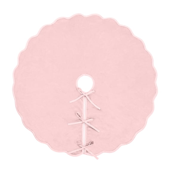 Pink Scalloped Christmas Tree Skirt with Tie Closures, 48-Inch Round Tree Base Cover for Holiday Decor