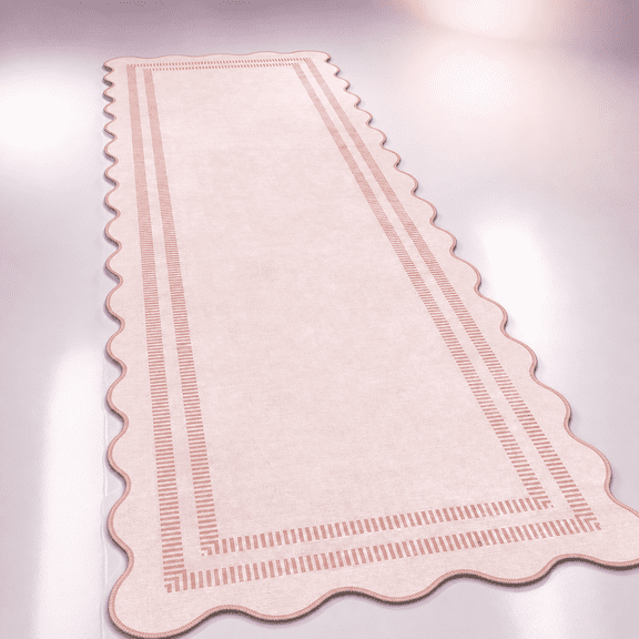 Pink Scalloped Runner Rug 2.6'x8' Indoor Washable Soft Entryway Carpet