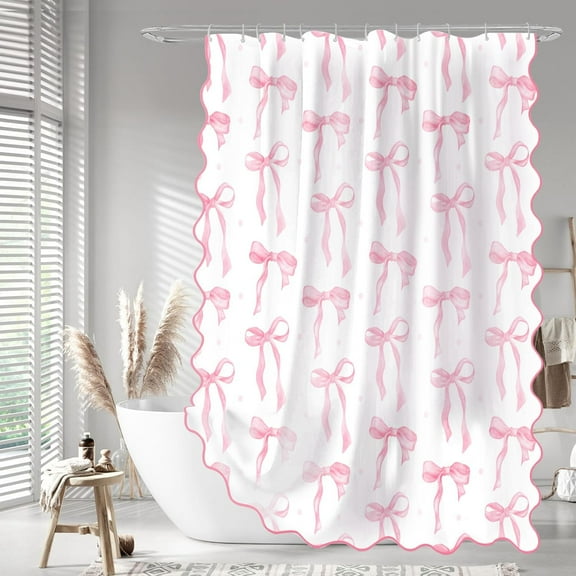 Pink Scalloped Shower Curtain with Bow Pattern for Bathroom Decor,Cute Ruffle Girly Shower Curtains,Coquettecute Chic Aesthetic Preppy Shower Curtain Set with Hooks 72x72 Inch