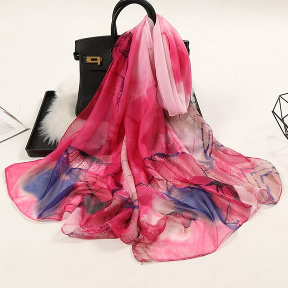 Pink Scarf 160*50cm Women Flower Print Long Soft Wrap Scarf Simulation Silk Shawl Scarves