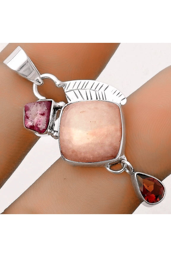 Pink Scolecite, Pink Tourmaline Rough & Garnet 925 Silver Pendant Jewelry P-1414 SDP118775