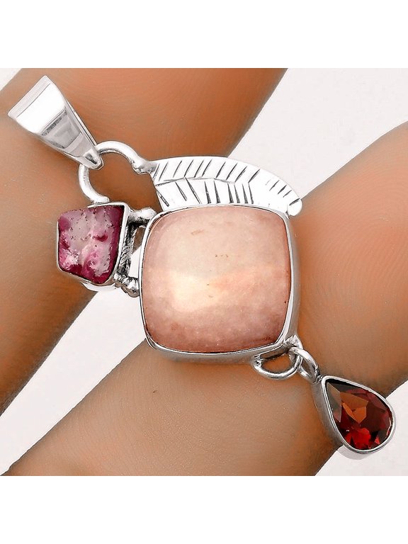 Pink Scolecite, Pink Tourmaline Rough & Garnet 925 Silver Pendant Jewelry P-1414 SDP118775