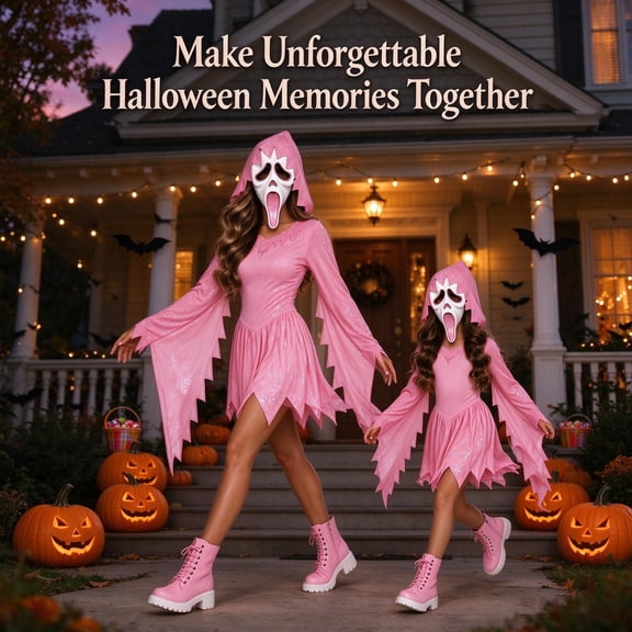 Pink Screaming Costume Girls Shimmer Ghost Costume, Pink Hooded Dress with Glitter Screaming Mask, Halloween Cosplay Dress Up Outfit