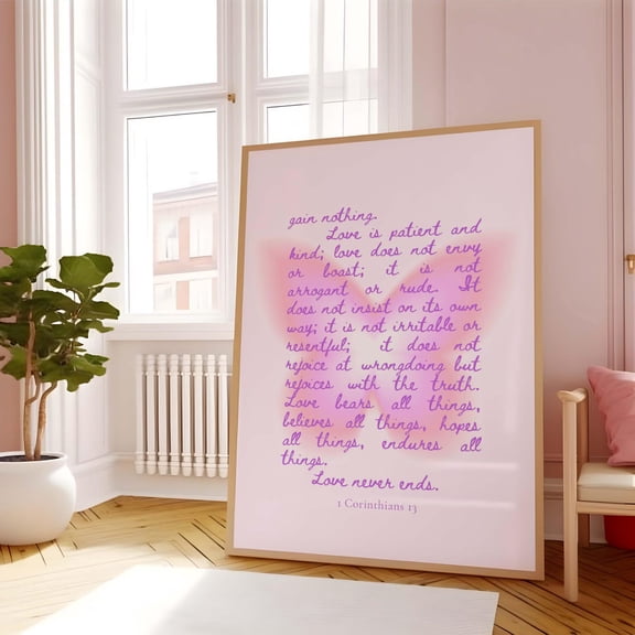 Pink Scripture Wall Art, First Corinthians 13, Unframed Paper Poster 8x10in