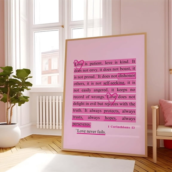 Pink Scripture Wall Art, First Corinthians 13, Unframed Paper Poster 8x10in