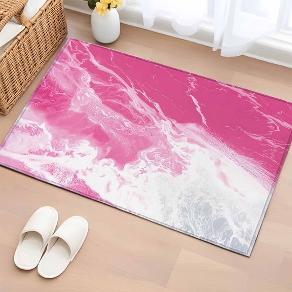 Pink Sea 2'x3' Rug for Entryway Front Door Kitchen Sink Area, Modern Abstract Pink White Marble Water Ripples Low Pile Washable Non Slip Rectangle Area Rug