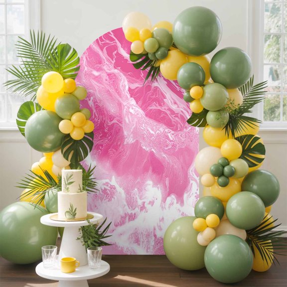 Pink Sea Arch Backdrop Cover, 4FT, Modern Abstract Pink White Marble Water Ripples Spandex Arch Covers Double-Sided Backdrop for Wedding Birthday Party Photo Background Decoration
