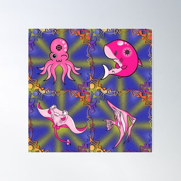 Pink Sea Creatures With Mandala Design Poster Wall Art, Modern Wall Decor For Living Room Bedroom, 16X16 UNFRAMED