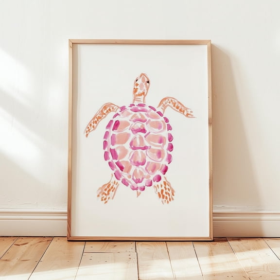 Pink Sea Turtle Wall Art Print Coastal Nautical Ocean Animal Decor Beach House Illustration