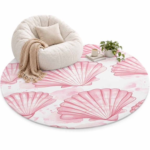 Pink Seashell Area Rug 5', Summer Coastal Watercolor Soft Mat Non-Slip ...